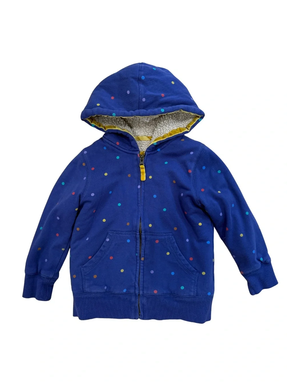 Mini Boden Sherpa Lined Hoodie Full Zip Sweatshirt Polka Dot Blue 5-6 Years